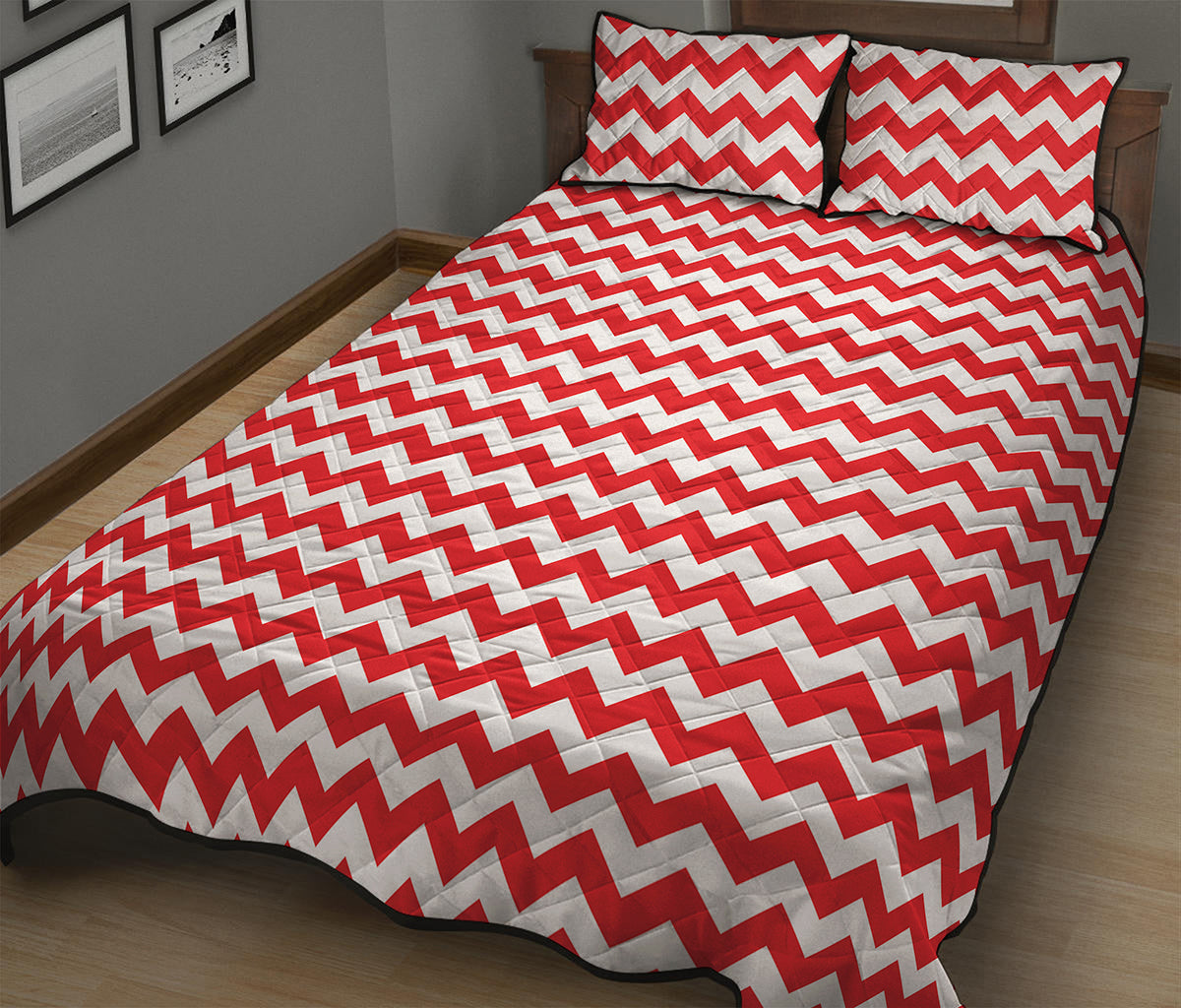 Red And White Chevron Pattern Print Quilt Bed Set
