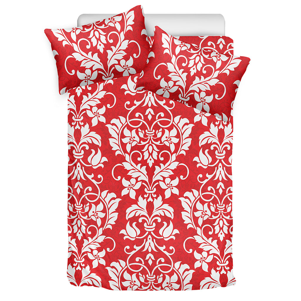 Red And White Damask Pattern Print Duvet Cover Bedding Set