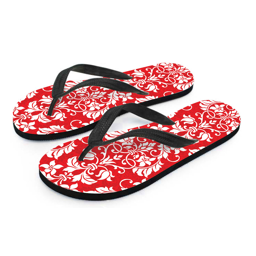 Red And White Damask Pattern Print Flip Flops
