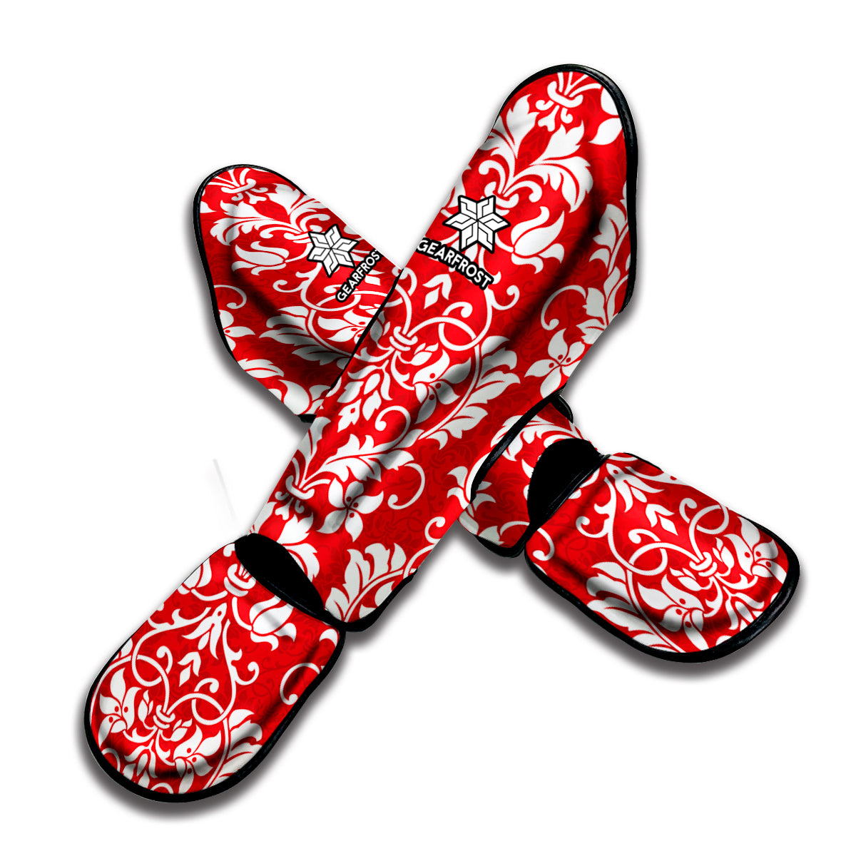 Red And White Damask Pattern Print Muay Thai Shin Guard