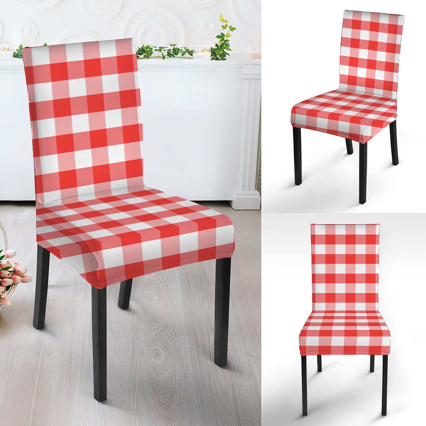 Red And White Gingham Pattern Print Dining Chair Slipcover