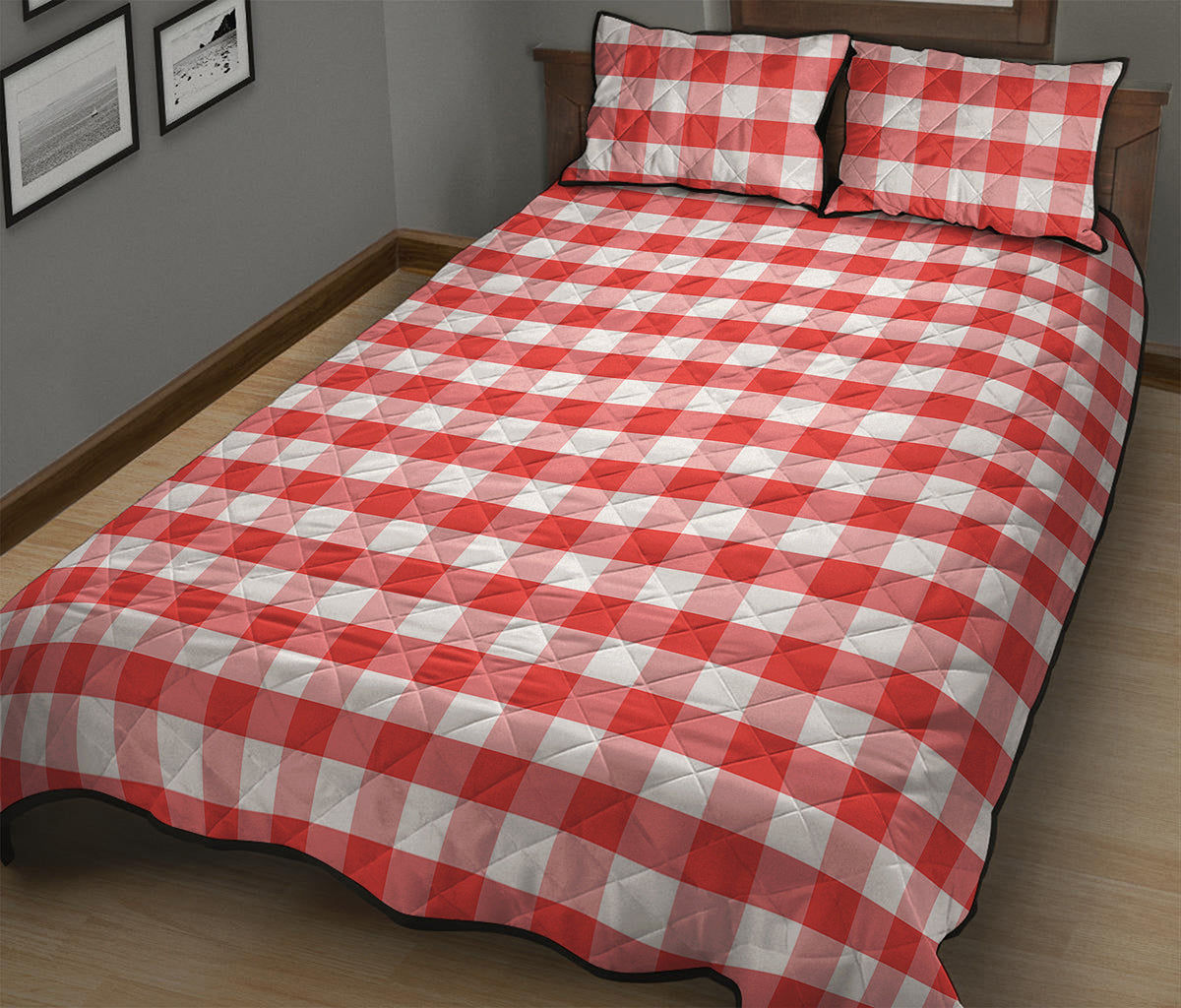 Red And White Gingham Pattern Print Quilt Bed Set