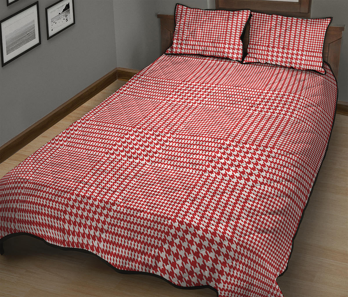 Red And White Glen Plaid Print Quilt Bed Set
