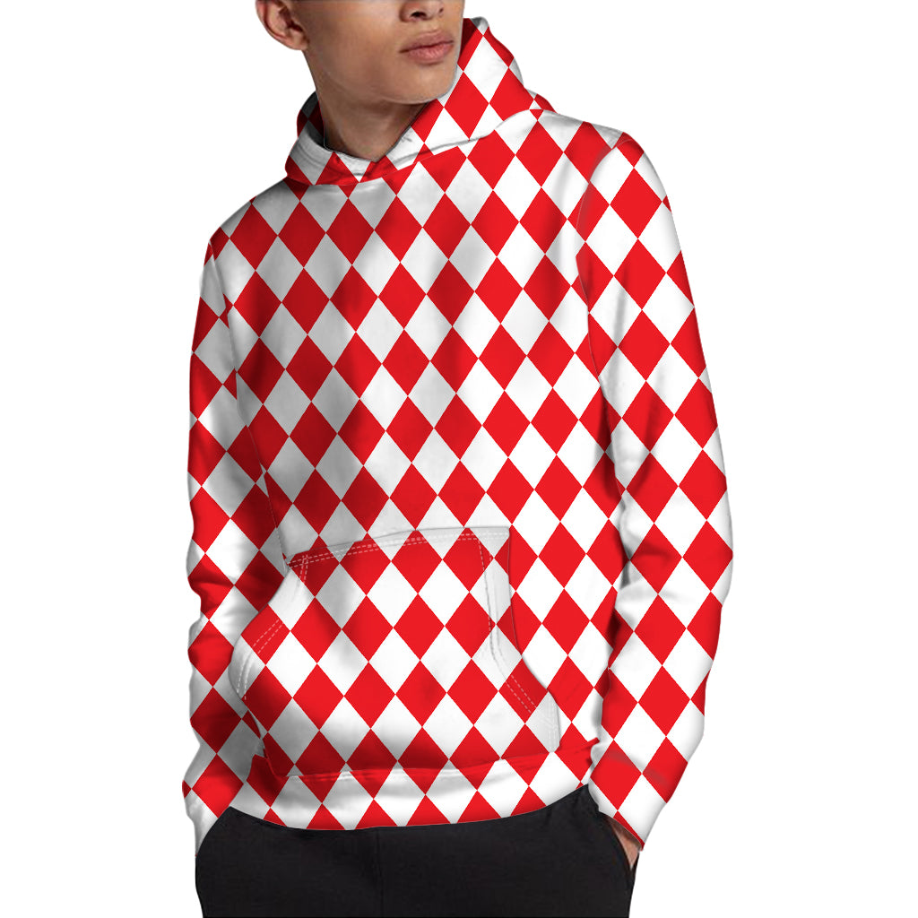Red And White Harlequin Pattern Print Pullover Hoodie