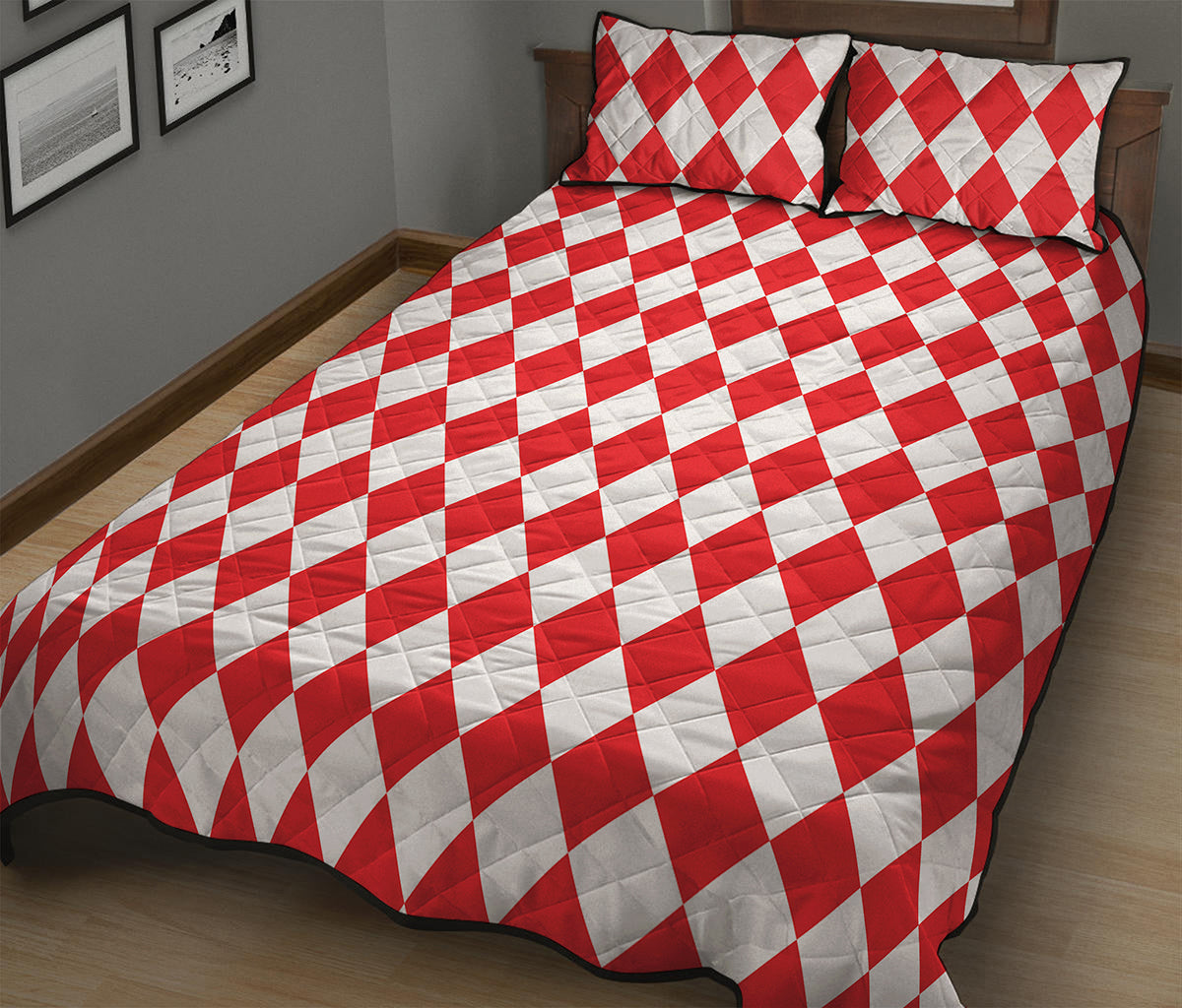 Red And White Harlequin Pattern Print Quilt Bed Set