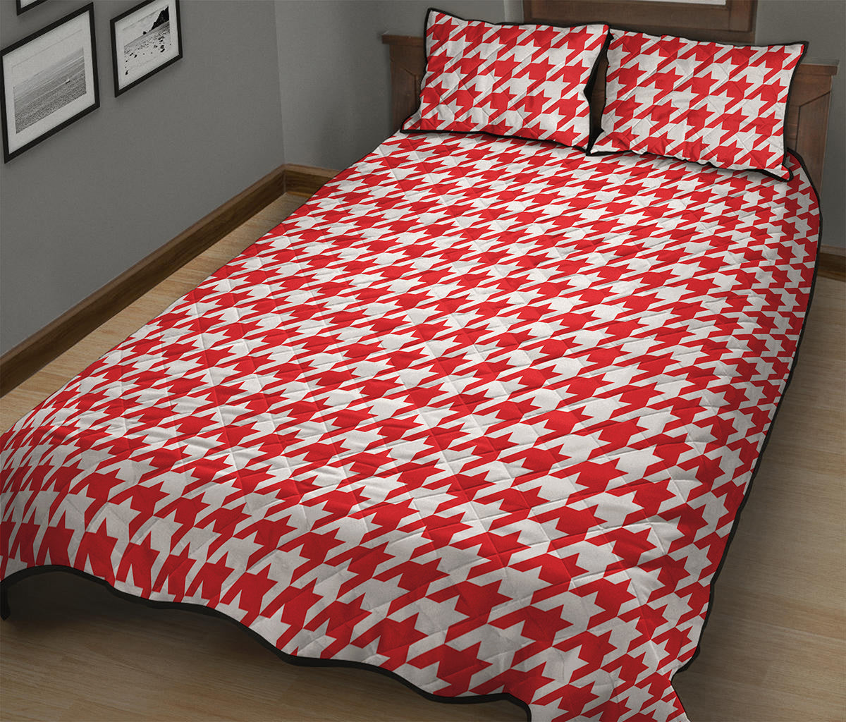 Red And White Houndstooth Pattern Print Quilt Bed Set