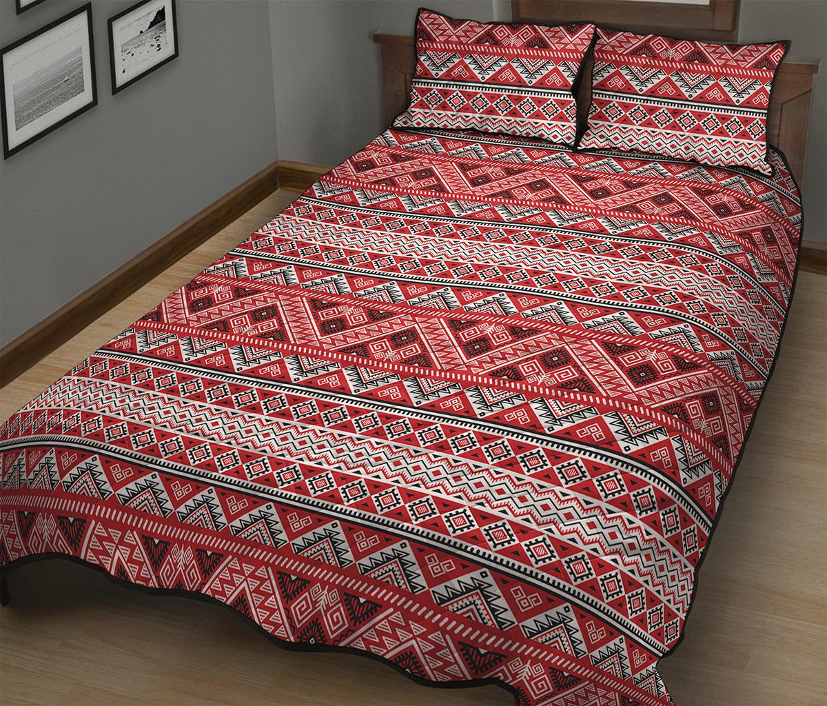 Red And White Native Tribal Print Quilt Bed Set