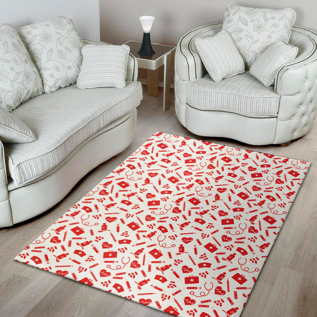 Red And White Nurse Pattern Print Area Rug