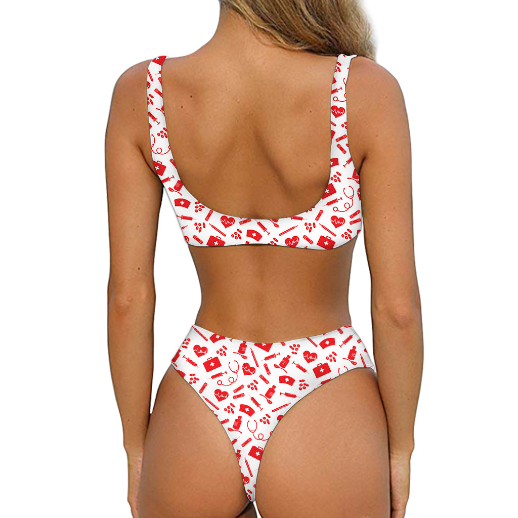 Red And White Nurse Pattern Print Front Bow Tie Bikini