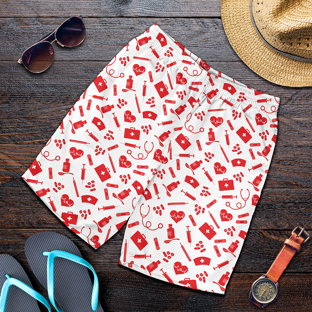 Red And White Nurse Pattern Print Men's Shorts