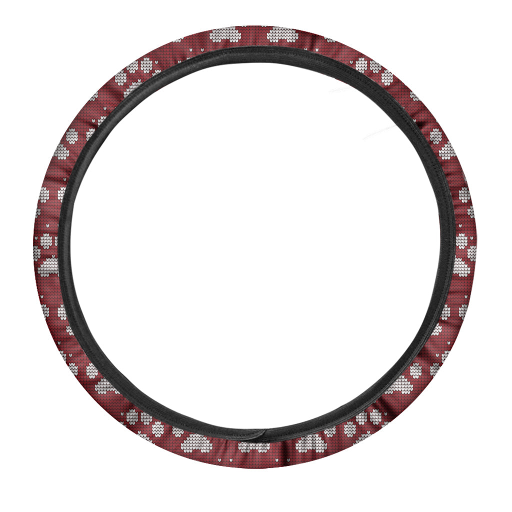Red And White Paw Knitted Pattern Print Car Steering Wheel Cover