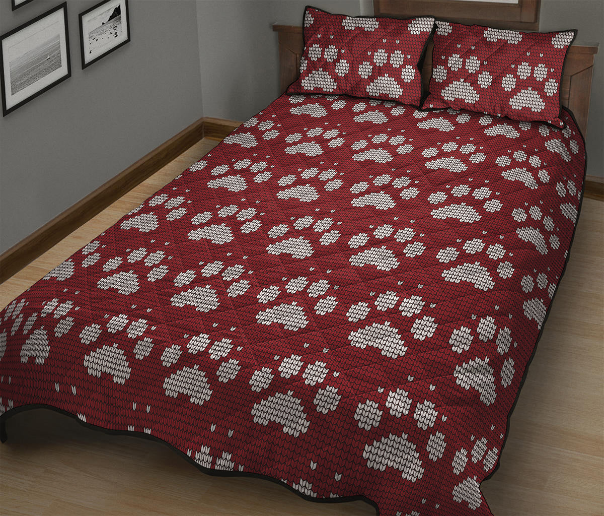 Red And White Paw Knitted Pattern Print Quilt Bed Set