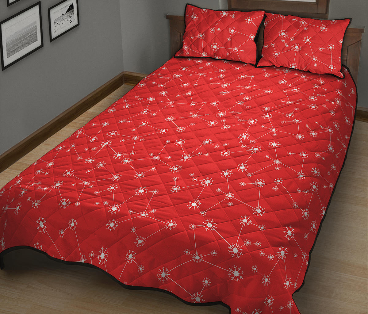Red And White Snowflake Pattern Print Quilt Bed Set