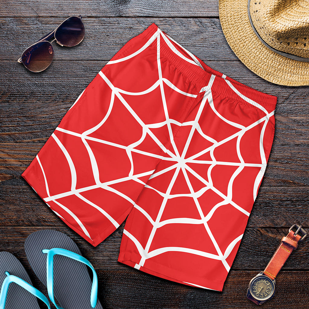 Red And White Spider Web Pattern Print Men's Shorts
