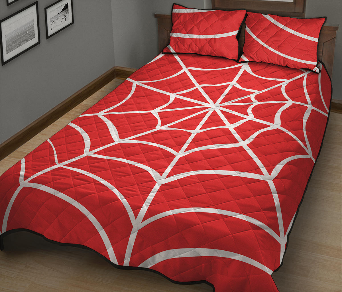 Red And White Spider Web Pattern Print Quilt Bed Set