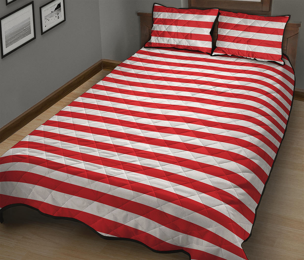 Red And White Striped Pattern Print Quilt Bed Set