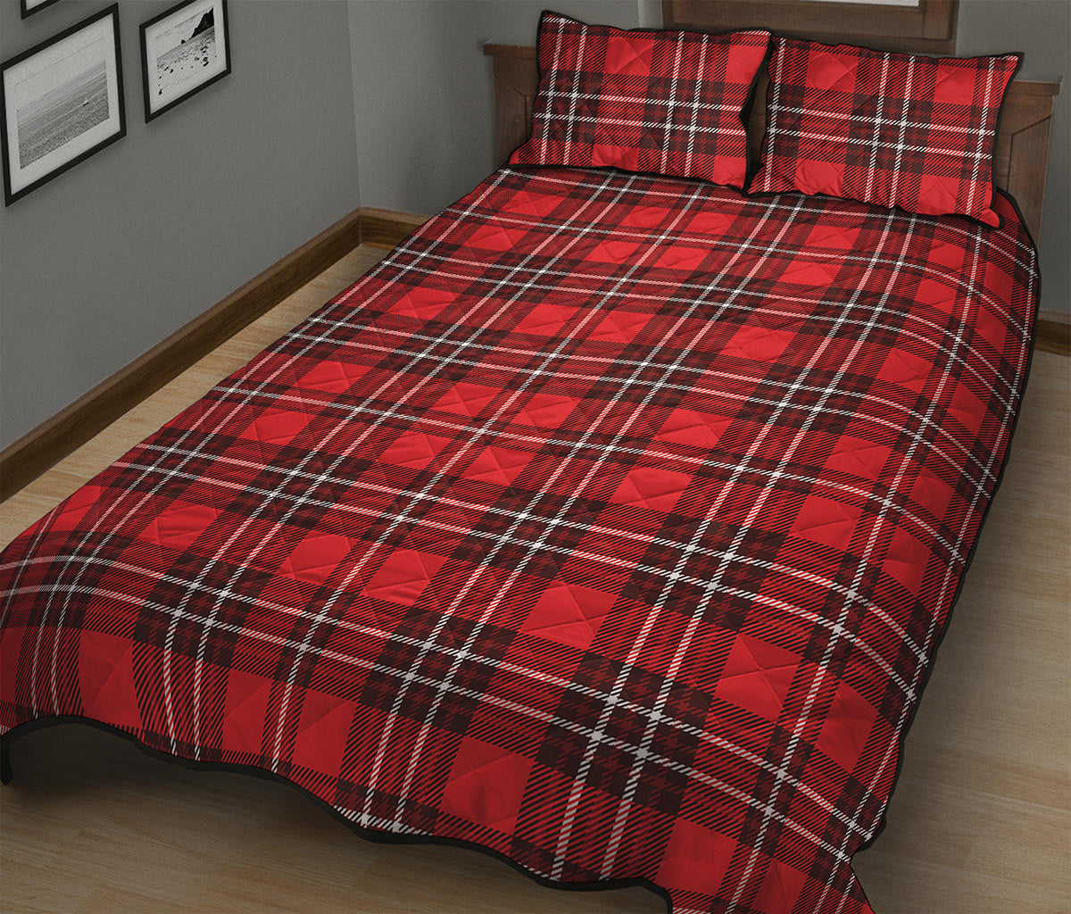 Red And White Tartan Pattern Print Quilt Bed Set