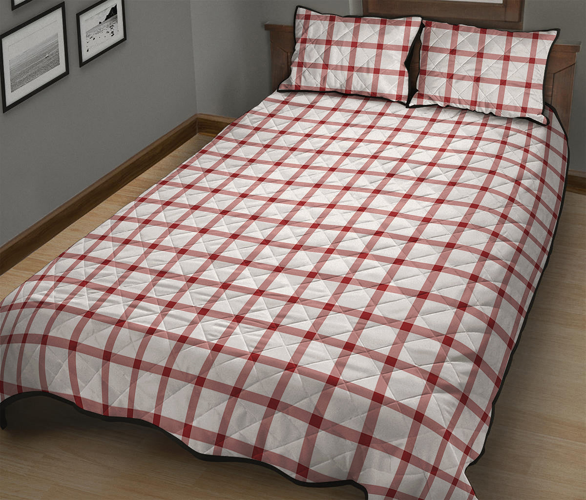 Red And White Tattersall Pattern Print Quilt Bed Set