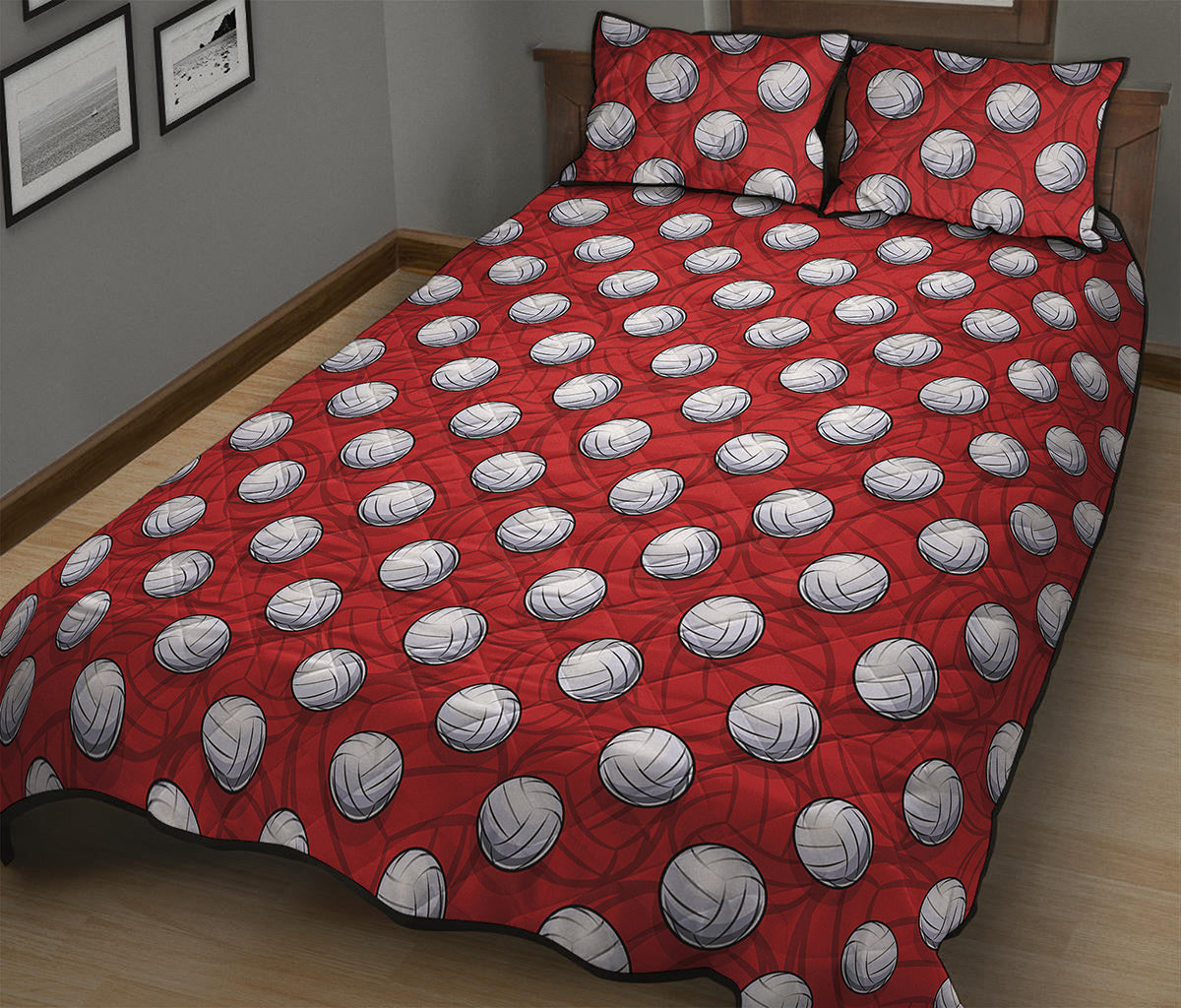 Red And White Volleyball Pattern Print Quilt Bed Set