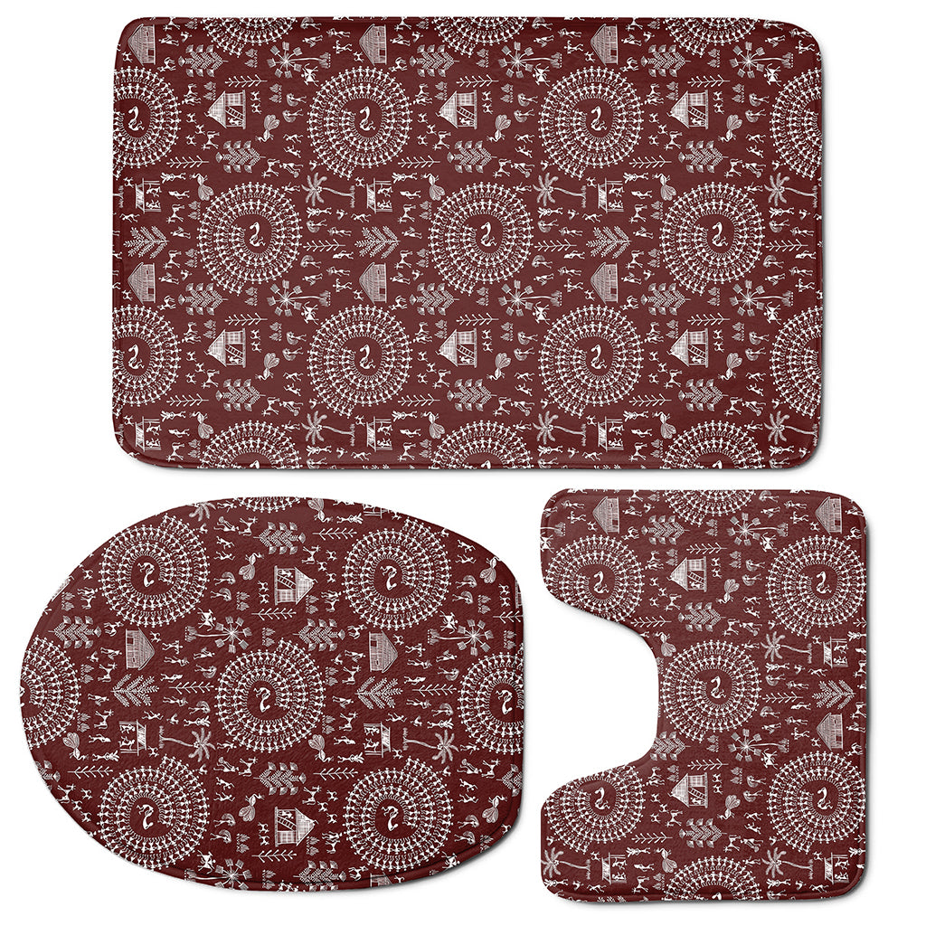 Red And White Warli Tribal Print 3 Piece Bath Mat Set