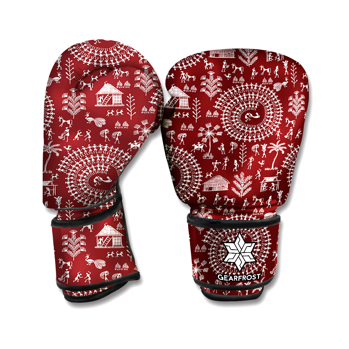 Red And White Warli Tribal Print Boxing Gloves