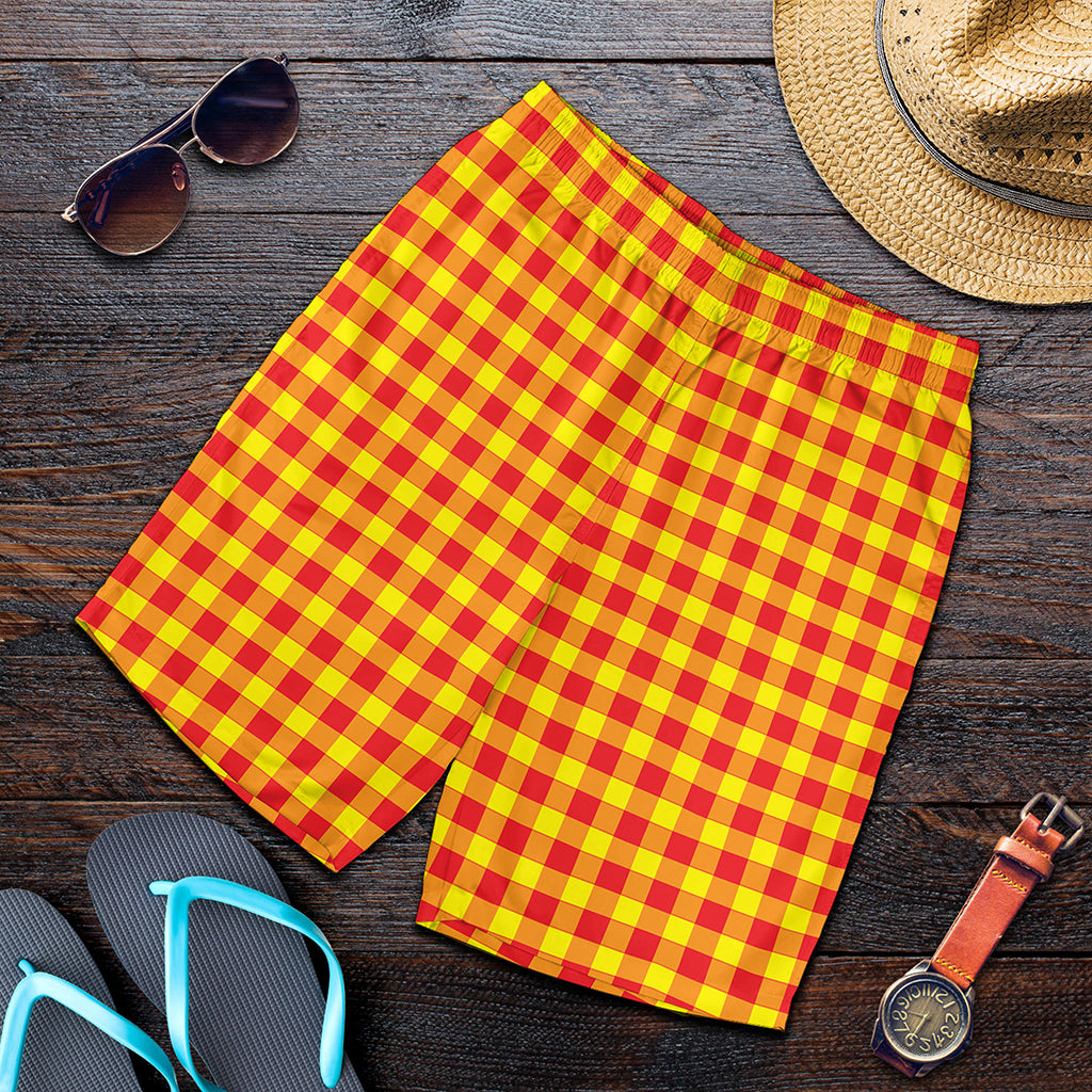 Red And Yellow Check Pattern Print Men's Shorts