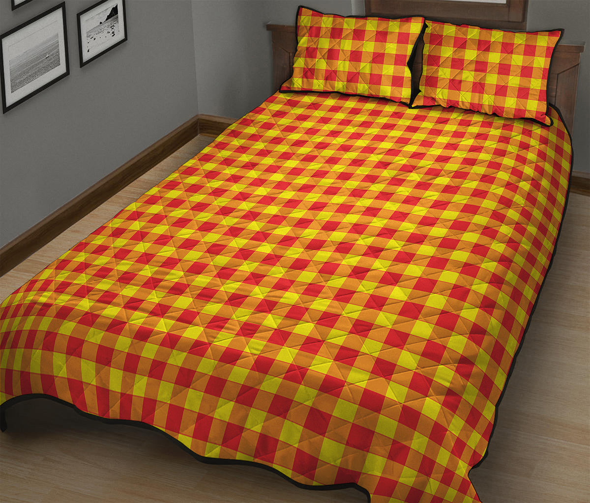 Red And Yellow Check Pattern Print Quilt Bed Set