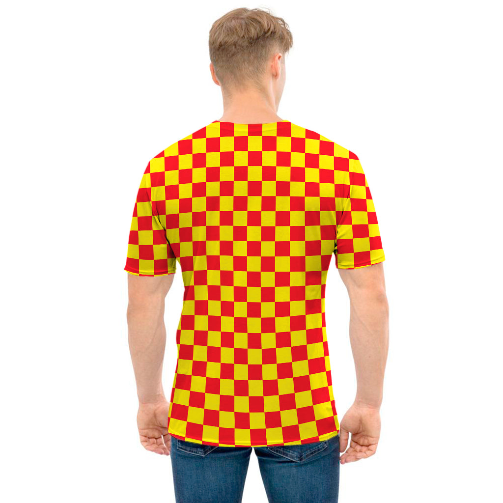 Red And Yellow Checkered Pattern Print Men's T-Shirt