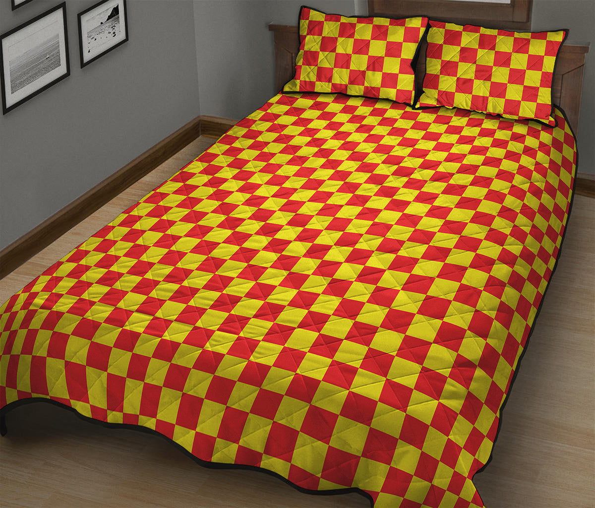 Red And Yellow Checkered Pattern Print Quilt Bed Set