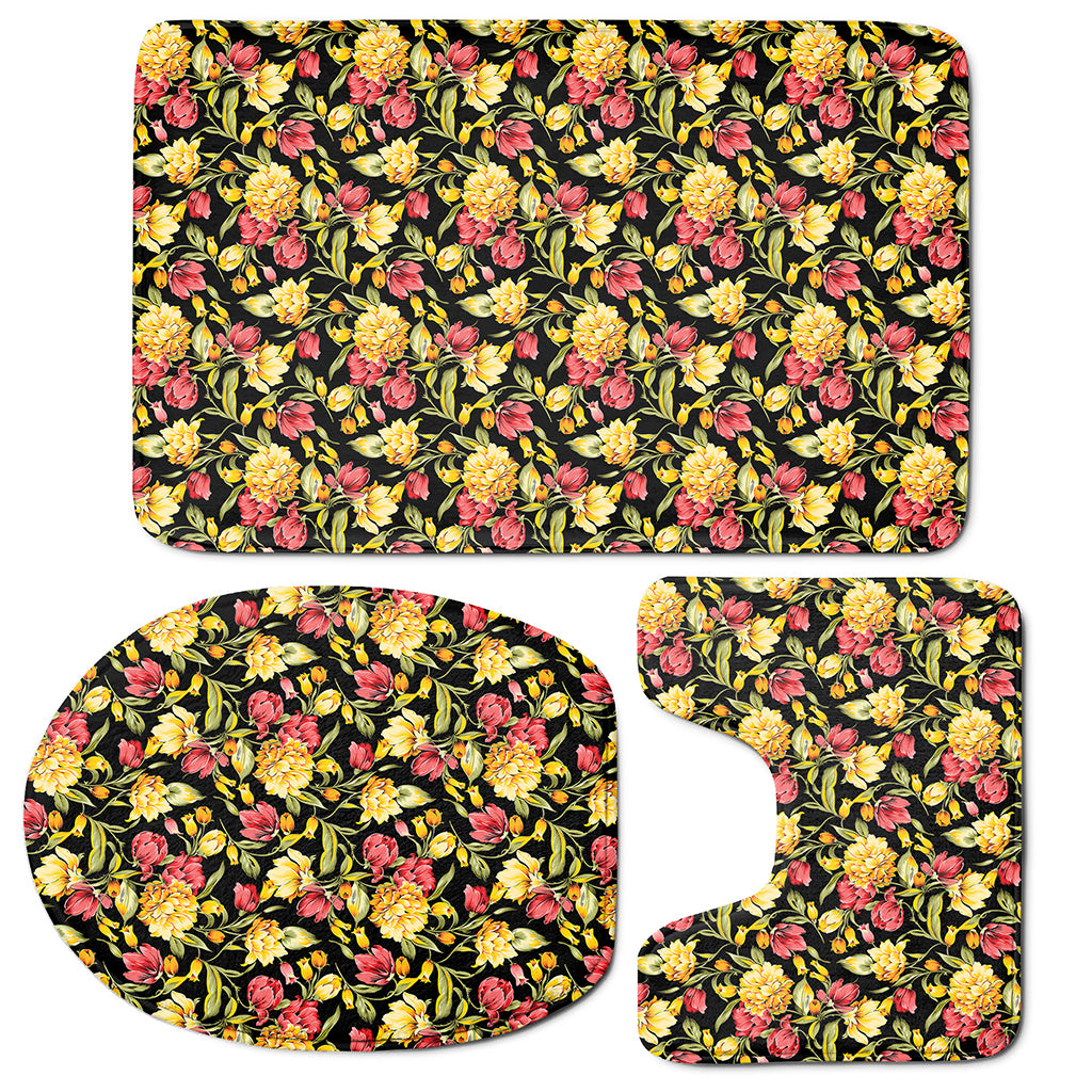 Red And Yellow Flowers Print 3 Piece Bath Mat Set