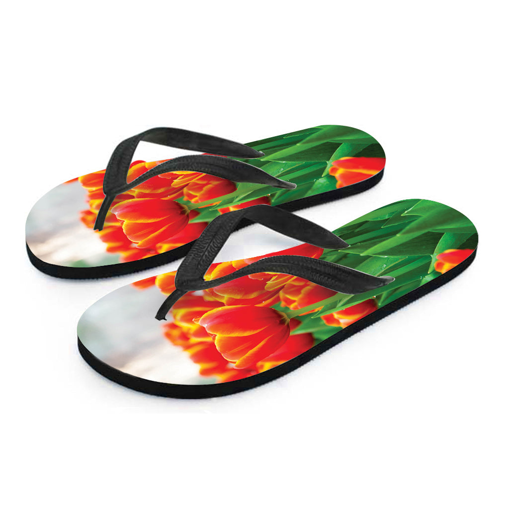 Red And Yellow Tulip Print Flip Flops