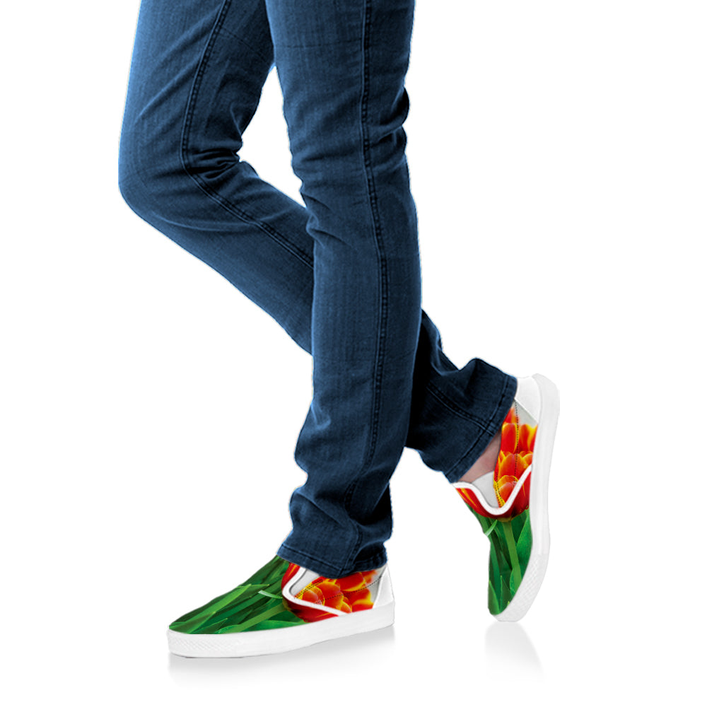 Red And Yellow Tulip Print White Slip On Shoes