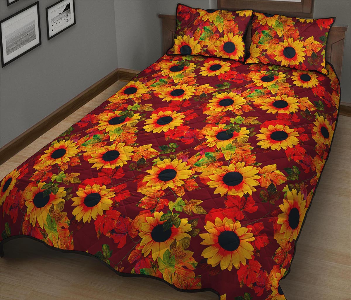Red Autumn Sunflower Pattern Print Quilt Bed Set