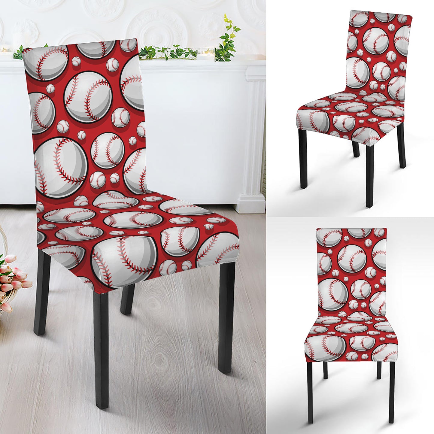 Red Baseball Pattern Print Dining Chair Slipcover