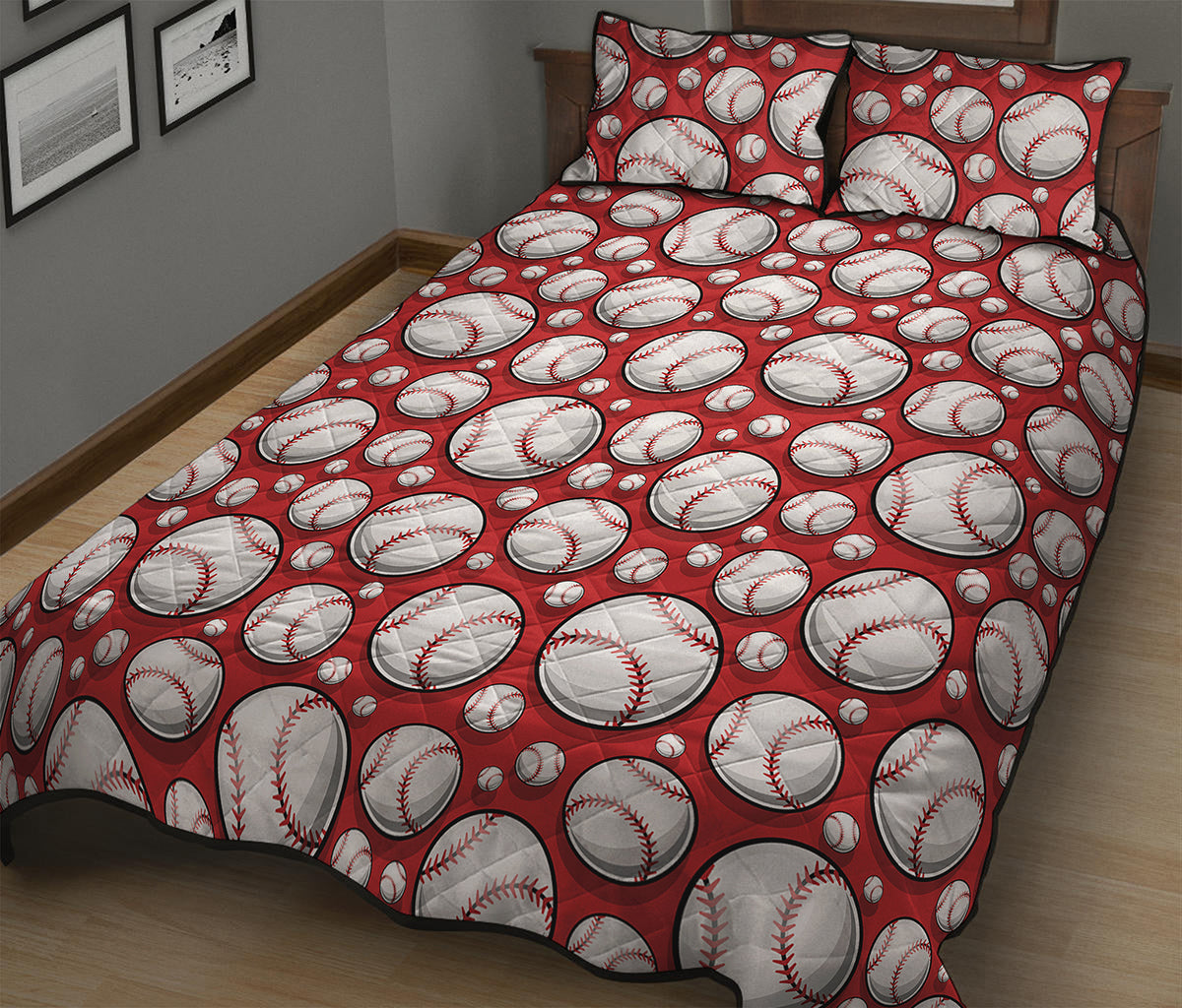 Red Baseball Pattern Print Quilt Bed Set