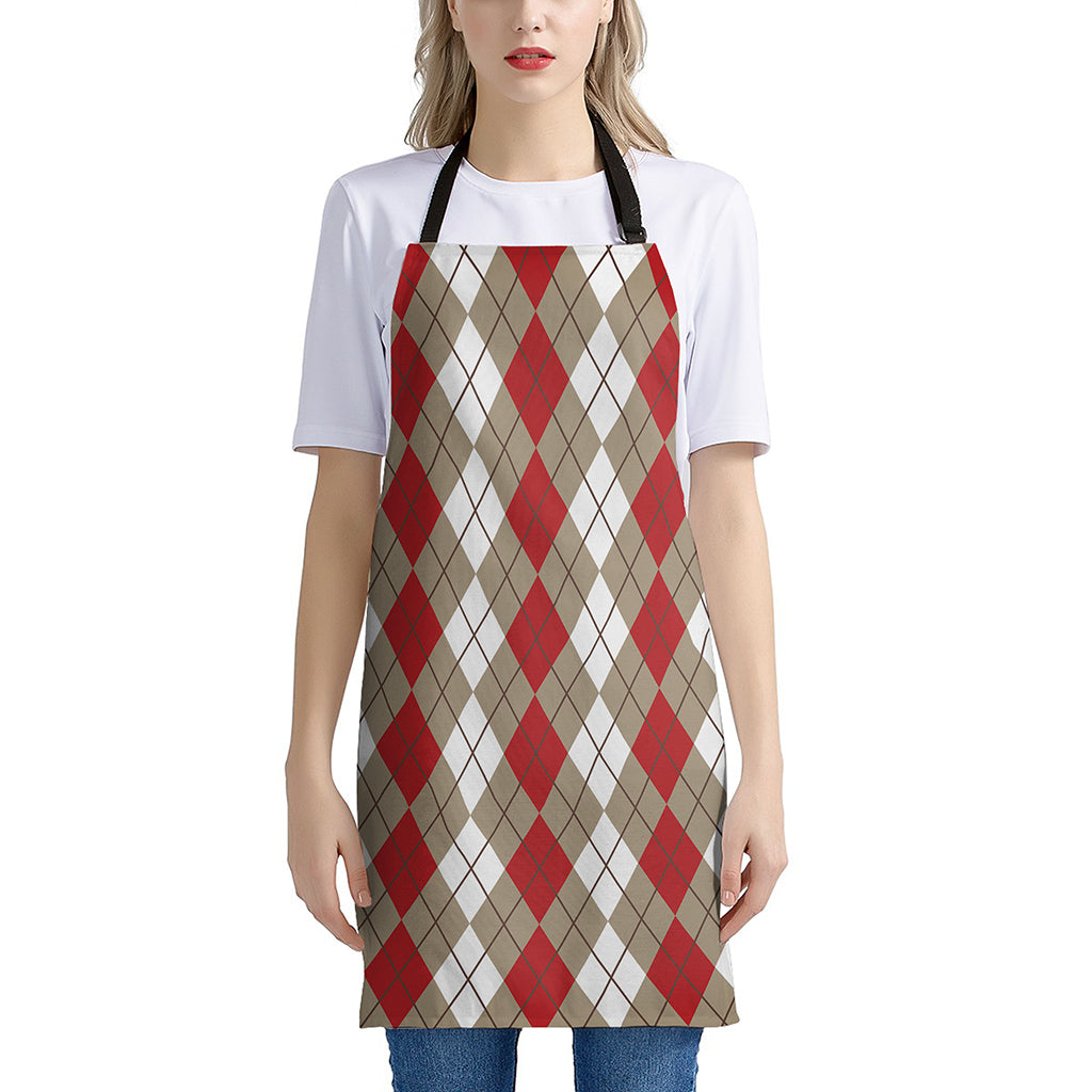 Red Beige And White Argyle Pattern Print Apron