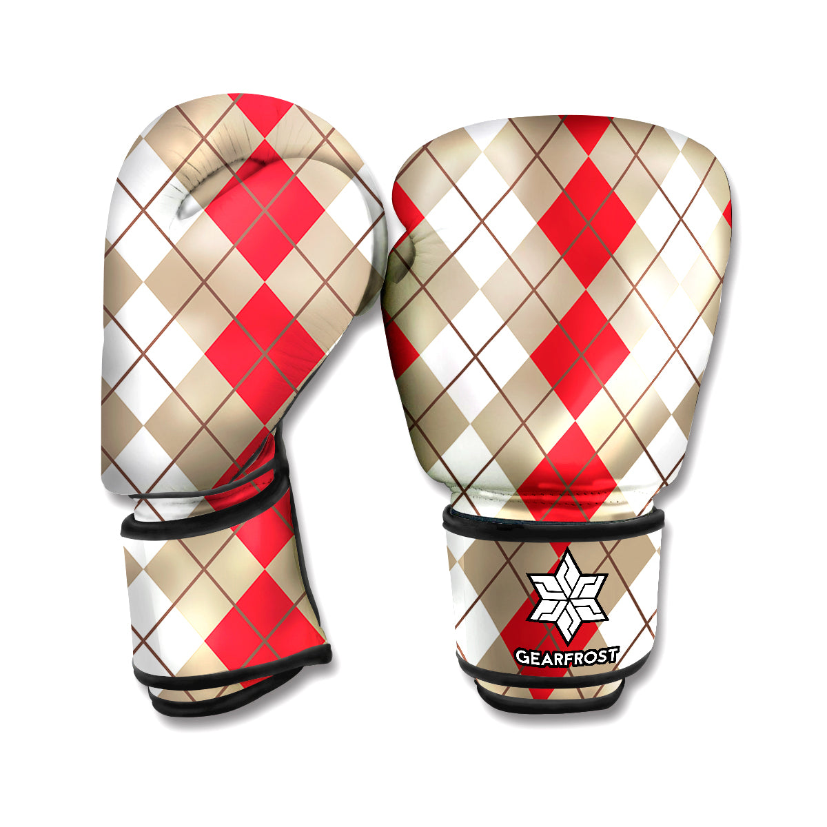 Red Beige And White Argyle Pattern Print Boxing Gloves