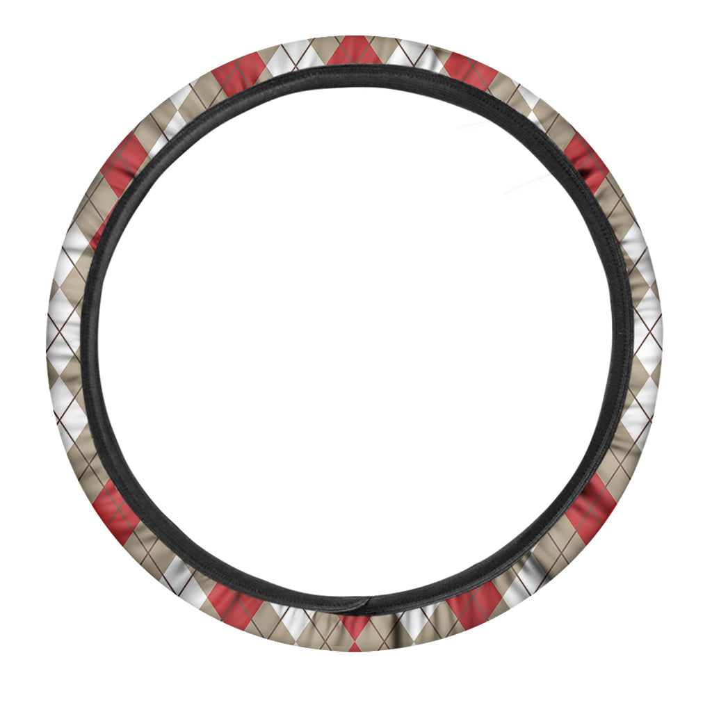 Red Beige And White Argyle Pattern Print Car Steering Wheel Cover