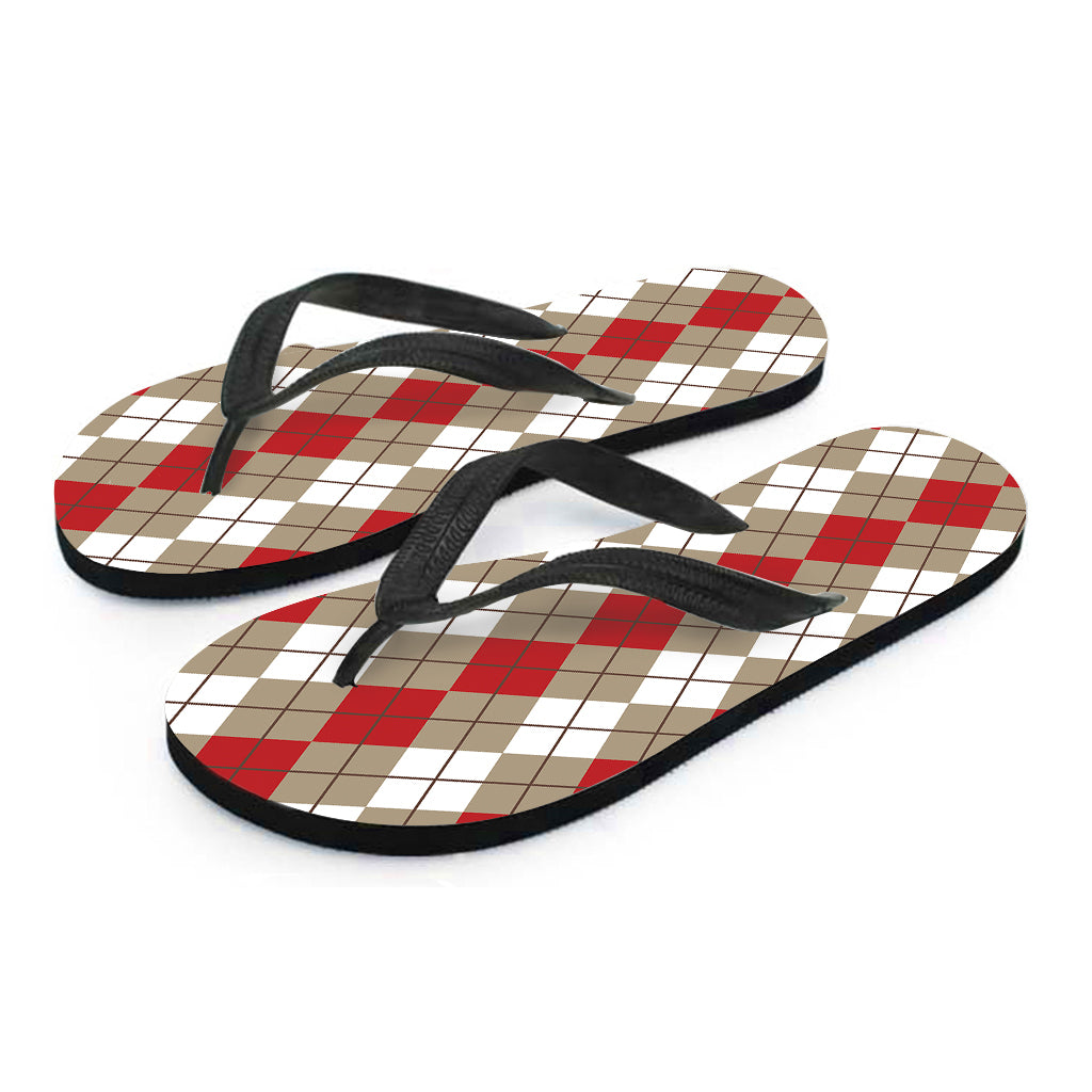 Red Beige And White Argyle Pattern Print Flip Flops