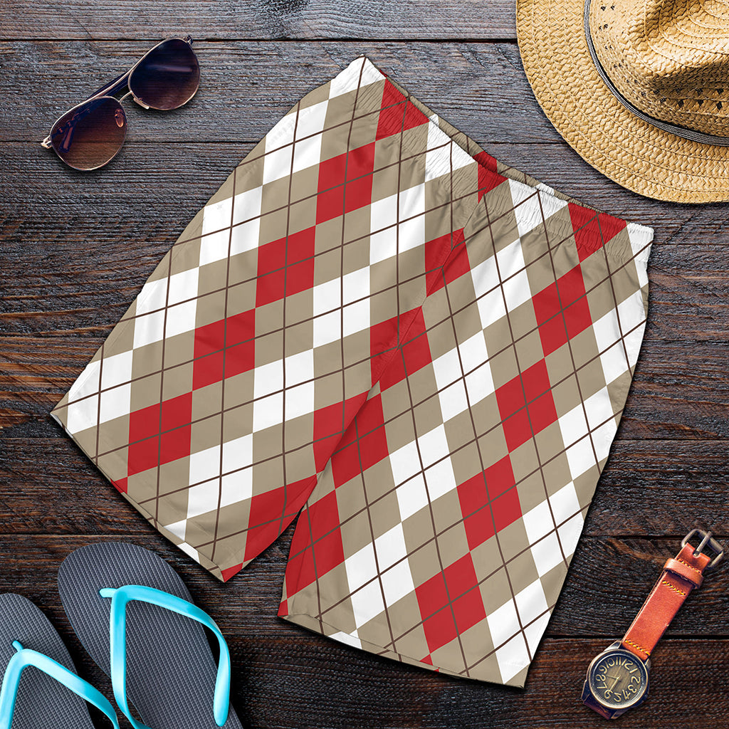 Red Beige And White Argyle Pattern Print Men's Shorts