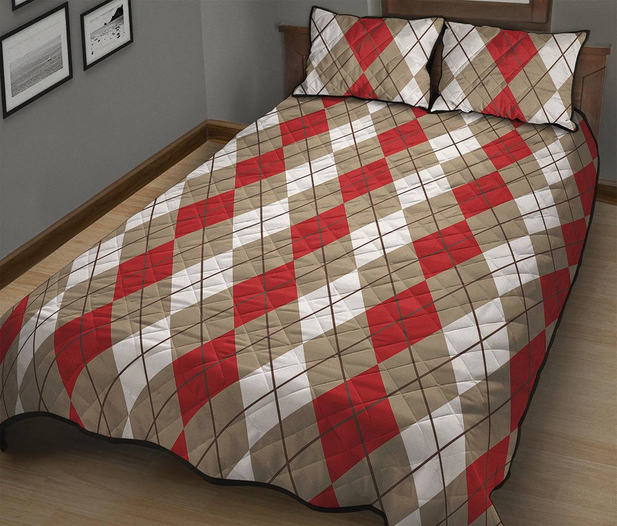 Red Beige And White Argyle Pattern Print Quilt Bed Set