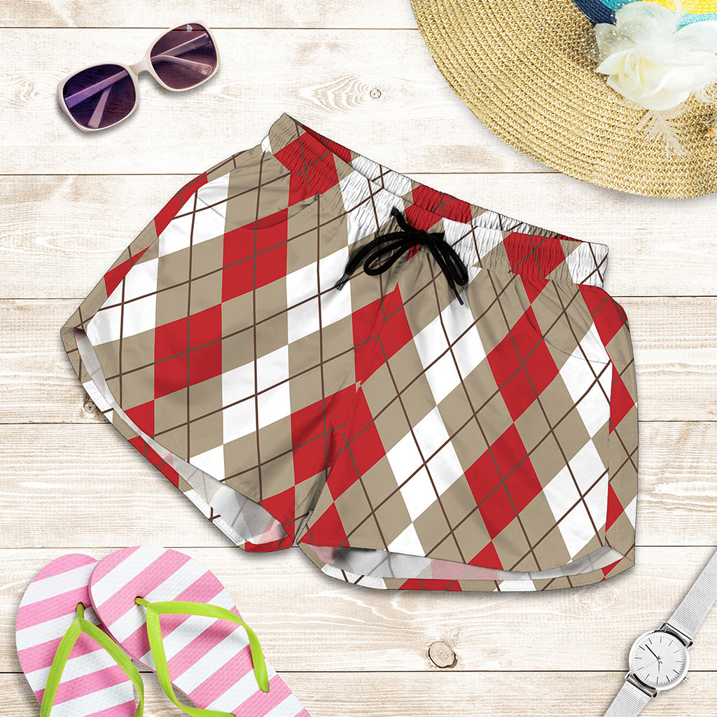 Red Beige And White Argyle Pattern Print Women's Shorts