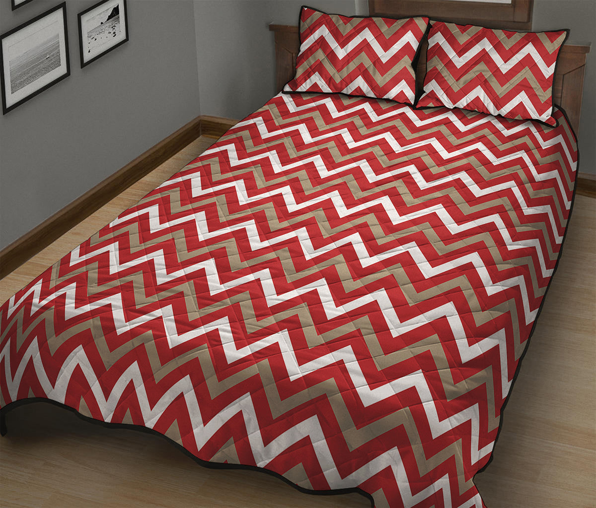 Red Beige And White Chevron Print Quilt Bed Set