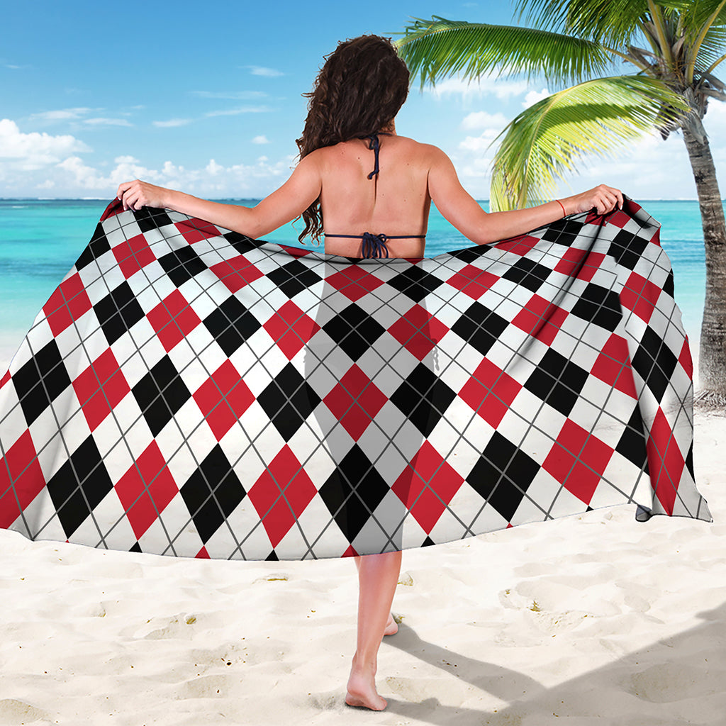 Red Black And White Argyle Pattern Print Beach Sarong Wrap