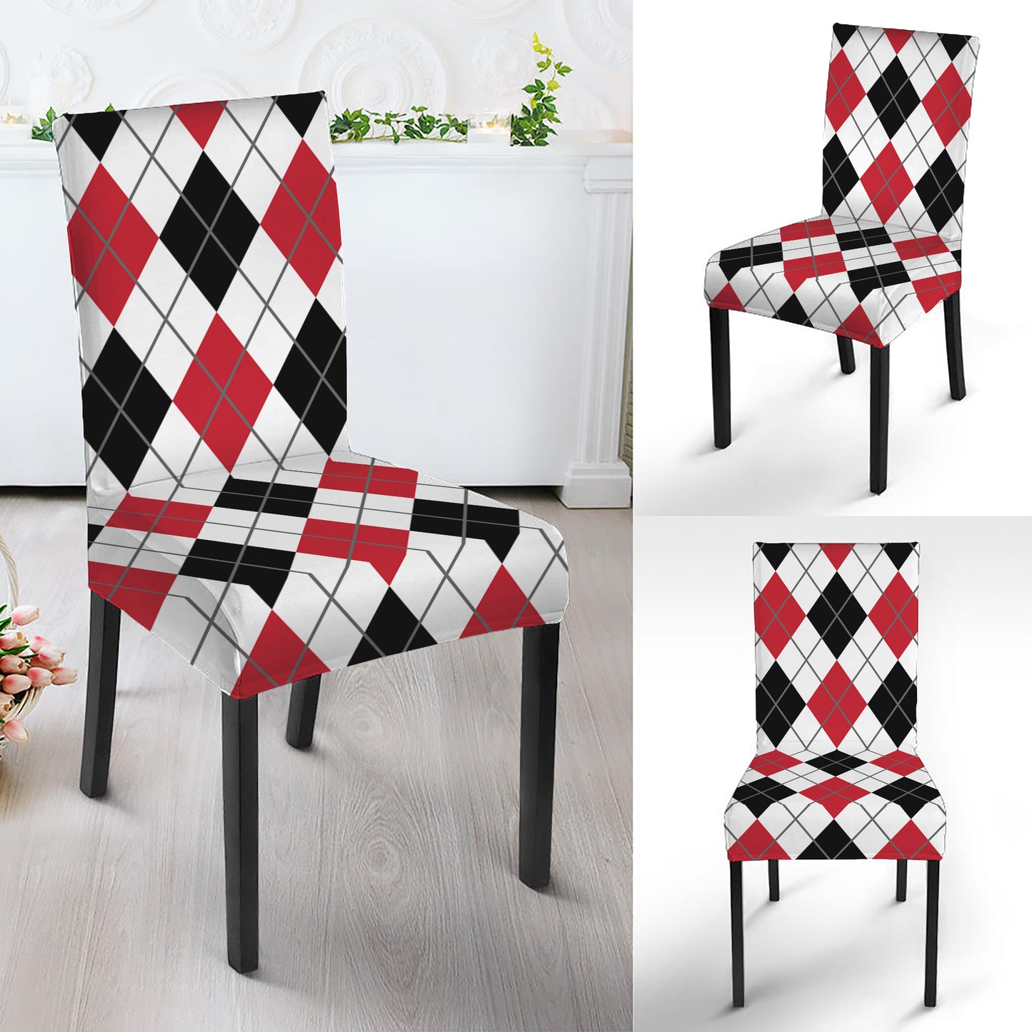 Red Black And White Argyle Pattern Print Dining Chair Slipcover