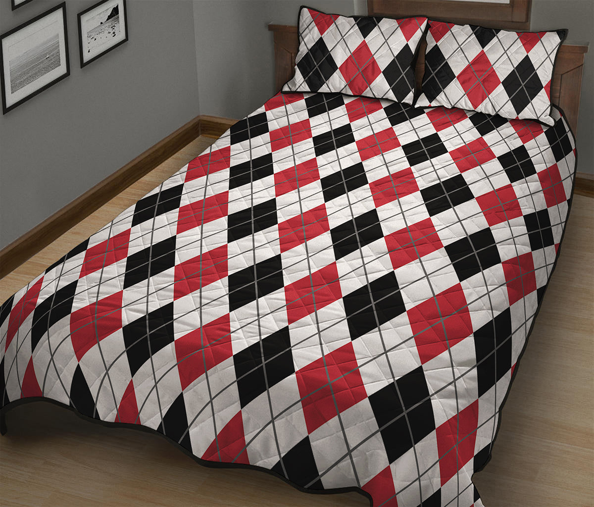 Red Black And White Argyle Pattern Print Quilt Bed Set