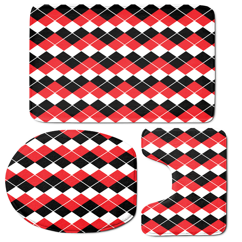 Red Black And White Argyle Print 3 Piece Bath Mat Set
