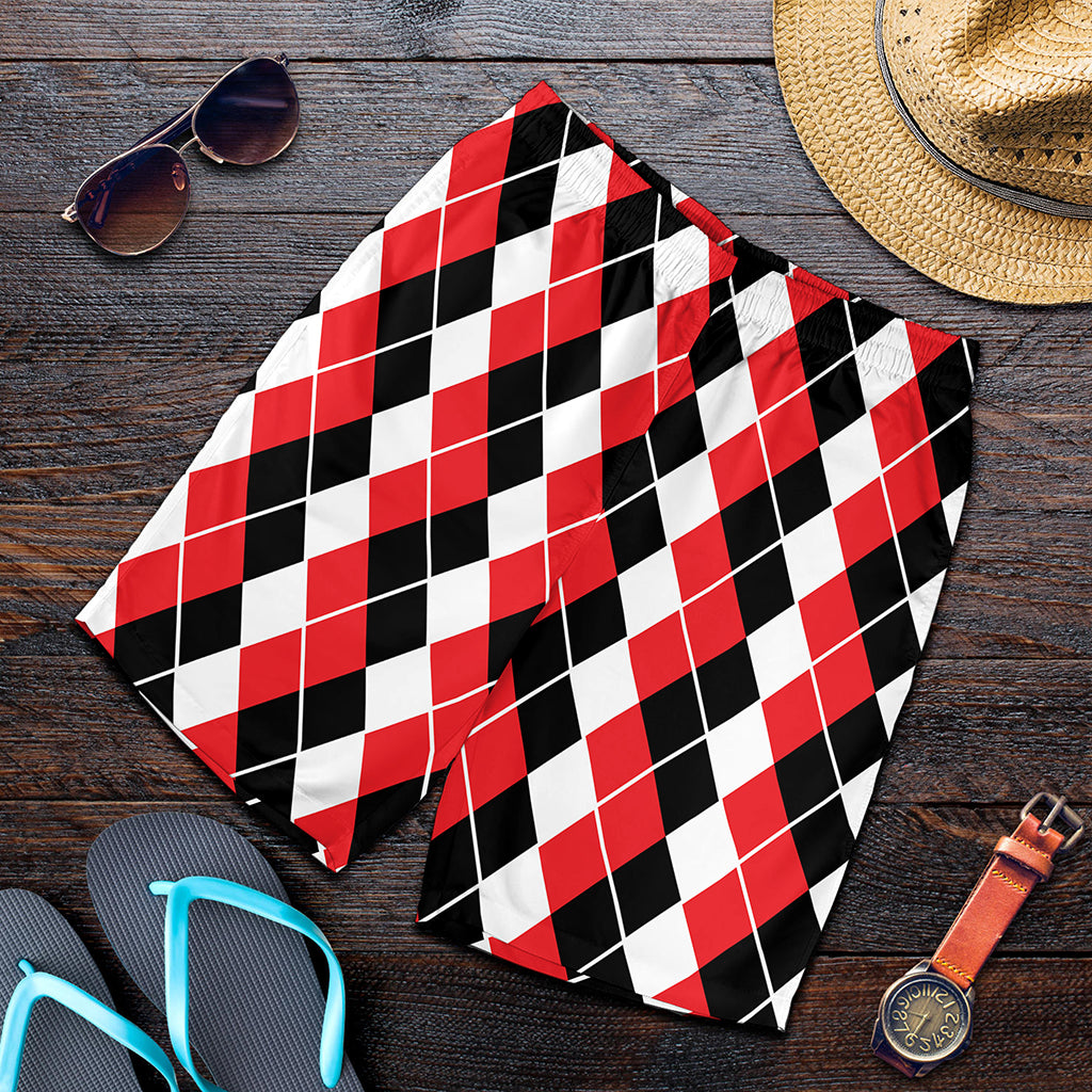 Red Black And White Argyle Print Men's Shorts