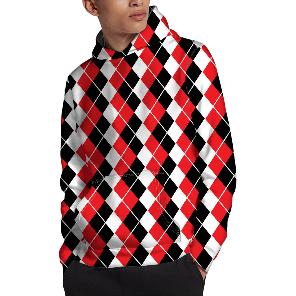 Red Black And White Argyle Print Pullover Hoodie