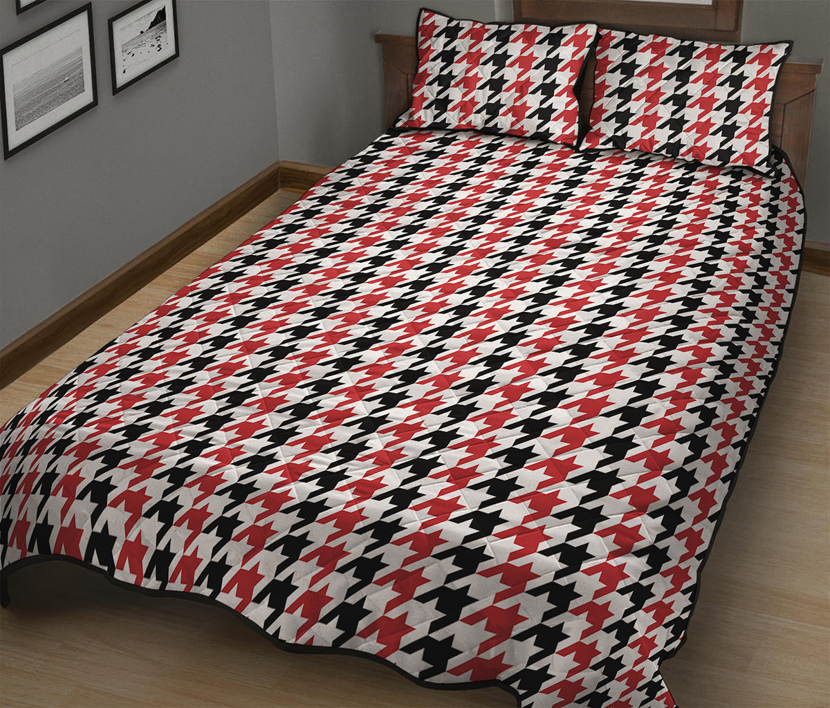 Red Black And White Houndstooth Print Quilt Bed Set